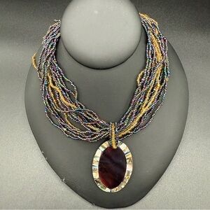 Multicolor Iridescent Seed Beaded Necklace with Large Abalone Shell Pendant